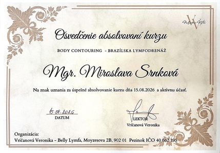 Osvedčenie - Body contouring, brazílska lymfodrenáž