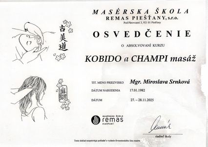 Osvedčenie - Kobido a champi masáž