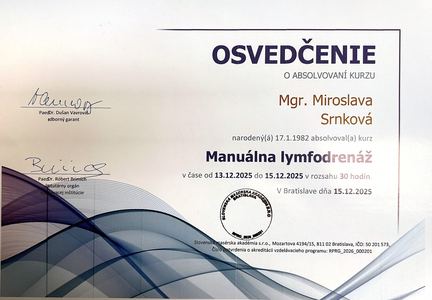 Osvedčenie - Manuálna lymfodrenáž