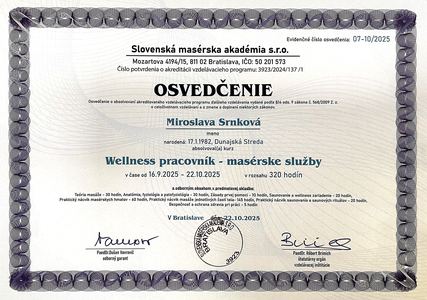 Osvedčenie o absolvovaní kurzu - Wellness pracovník (masérske služby)